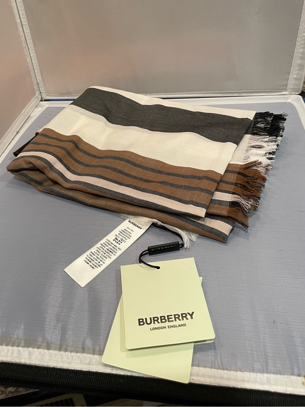 NWT Auth Burberry Brown White Striped Scarf Organic Cotton & Cashmere Ret $450!